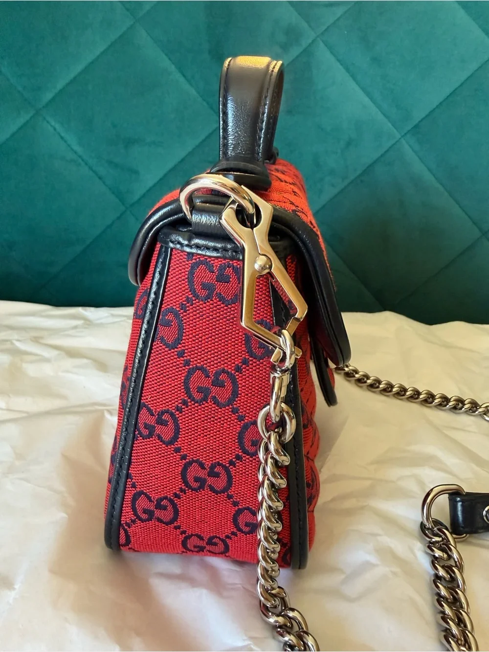 Gucci Red GG Marmont Top Handle Satchel with Black Trim